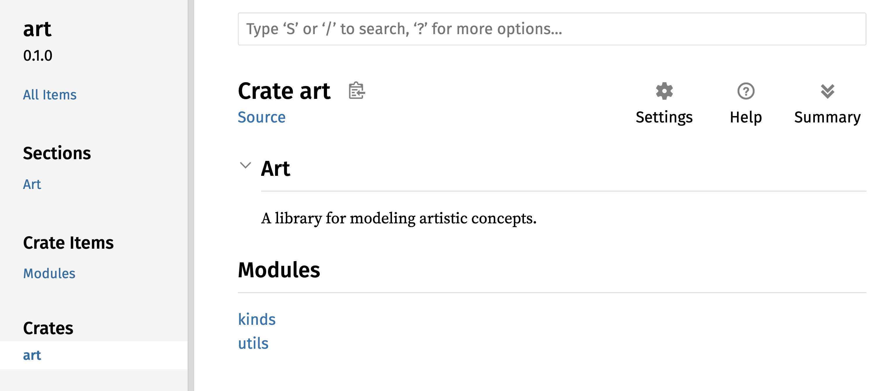 Rendered documentation for the `art` crate that lists the `kinds` and `utils` modules